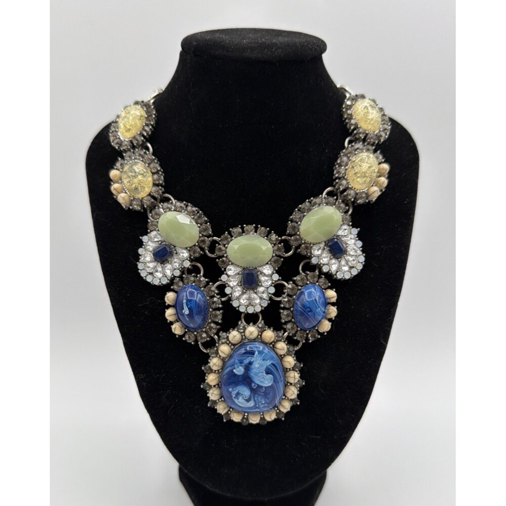 Statement Necklace Multi Stone Rhinestone Blue Green Bib Chunky Vintage Style